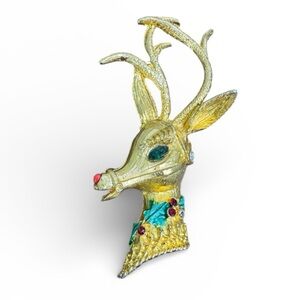Vintage MYLU Gold Rudolph Reindeer Brooch Pin Crystals  Whimsical Fairycore